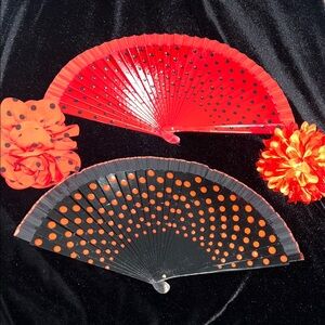 Spanish Red and Black set of Polka Dot Fans with Floral Hair Accessories + Skirt